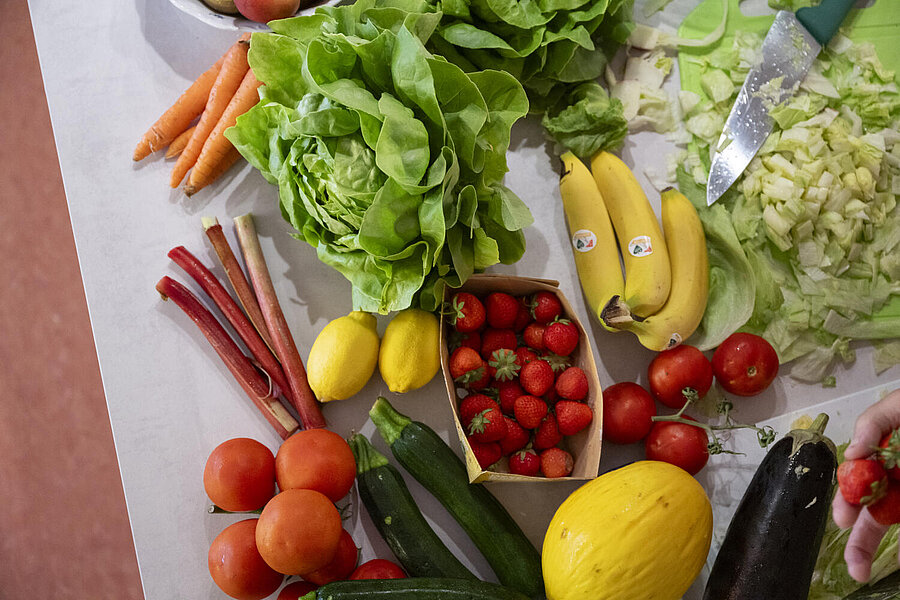 Ein Tisch voll Obst und Gemüse: Möhren, Salat,Wirsing, Bananen,Tomaten, Zitronen, Rhabarber, Zuccini, Auberginen, Erdbeeren, Melone. Auch eine Hand und ein Messer sind zu sehen.