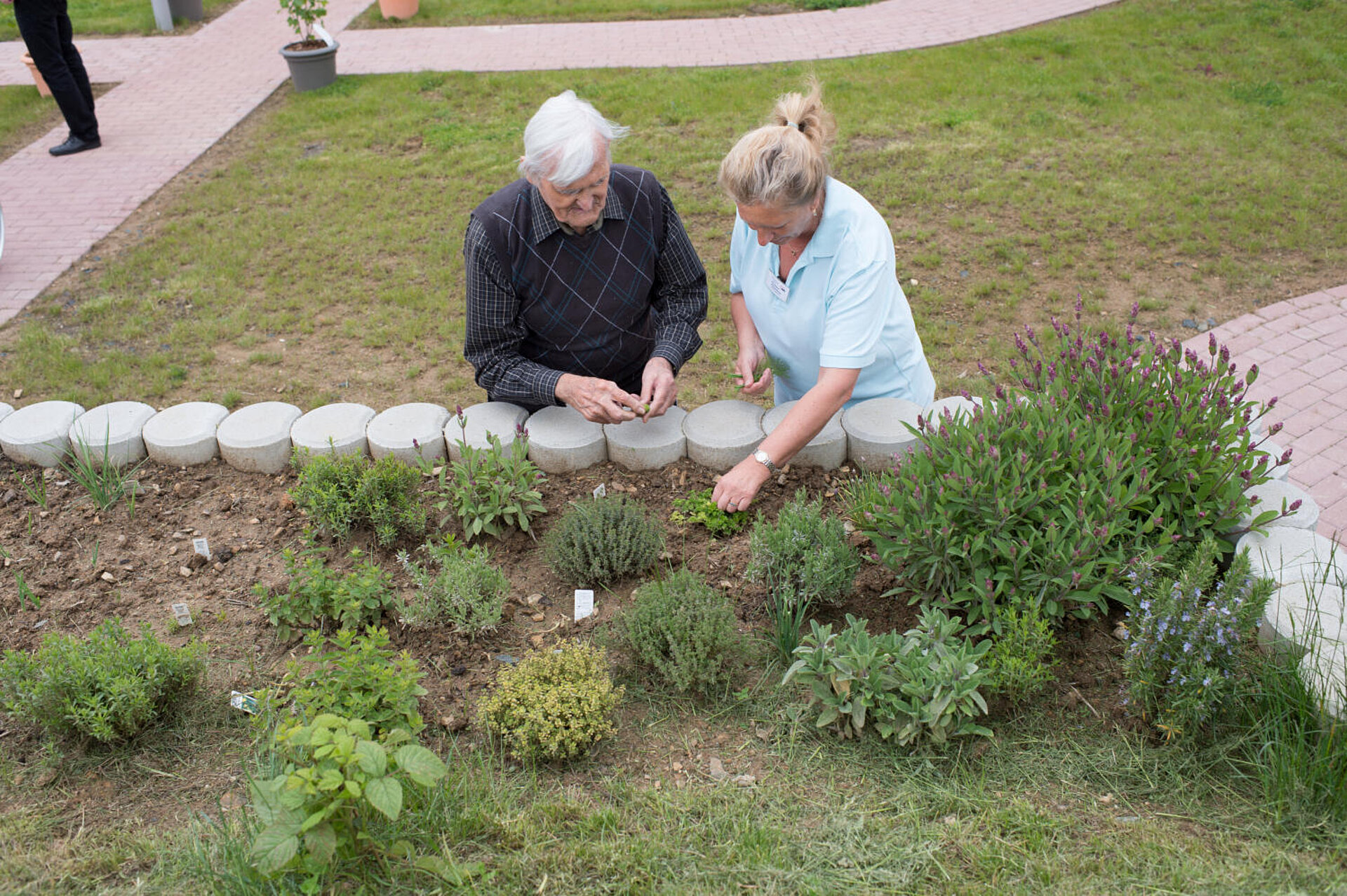 Jüngere Frau und älterer Mann stehen vor einem Hochbeet mit unterschiedlichen Pflanzen. Entweder ernten oder säubern sie.